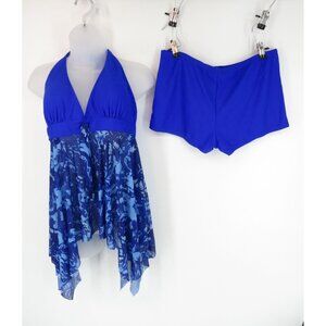 Womens Blue Halter Tankini Swimsuit Set Shorts Sheer Handkerchief Hem 2XL NWOT